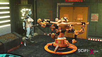 I just want your dick! Robot shemale fucks a sexy cuffed busty brunette in the sci-fi lab