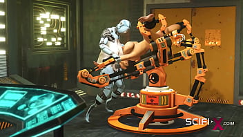 I just want your dick! Robot shemale fucks a sexy cuffed busty brunette in the sci-fi lab