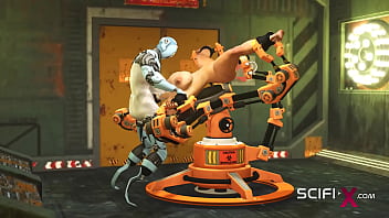 I just want your dick! Robot shemale fucks a sexy cuffed busty brunette in the sci-fi lab