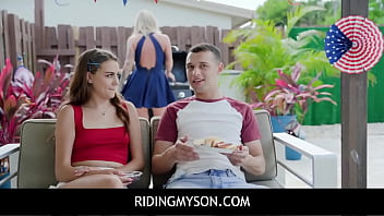 When stepbrother Johnny arrives at the party, he starts grilling some hotdogs, and sneakily gives some to Selena who starts sucking on his wiener as a way to say thank you