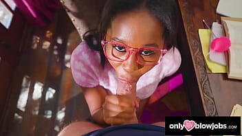 OnlyTeenBlowjobs - Nerdy Ebony Babe Sucks Her Tutor&#039_s Cock