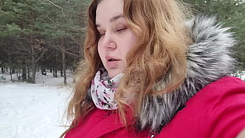 Cum in the mouth and on the tits of a redheaded slut in the woods