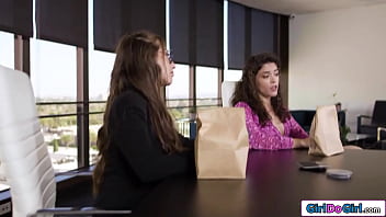 Busty boss is pussy licked by employees