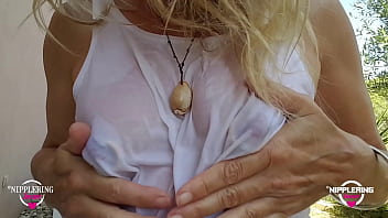 nippleringlover kinky mother nude outdoors playing with hose in wide open pierced pussy big nipples see through wet shirt