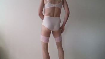 Crossdresser Dressed in Pretty in Pink Lingerie