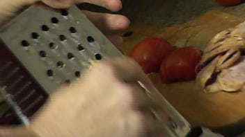 In transparent peignoir without panties and bra sexy Milf Frina continues her naked cooking. Today on the menu is New Year'_s express - pizza in pan. Big ass. Butt. Pussy. Natural tits. Boobs. Nipples