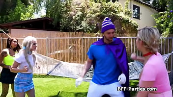 Colorful fishnet foursome with cosplay besties