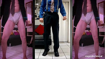 Hombre maduro trajeado baila y al final se saca la verga