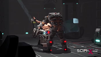 Sci-fi male sex cyborg plays with a sexy young hottie in restraints in the lab