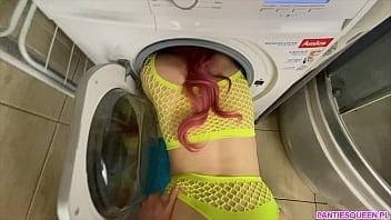 My stepmom got stuck in the washing machine provoking me to fuck her pussy