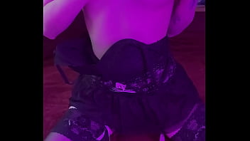 Step sister in black lace lingerie, cat mask and stockings jerks off a big dildo and puts it inside her - Arina Fox