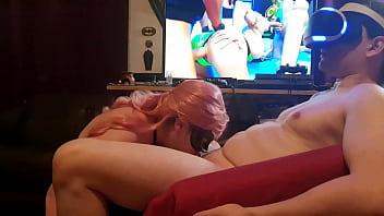 Sub girl with big tits suck her man dry while he watching VR porn