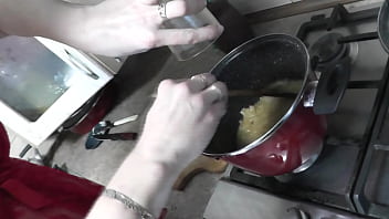 Nude Cooking Erotic Kitchen Sexy Frina. Sexy mommy MILF without panties cooks onion soup with wine and cognac in transparent peignoir and stockings. Booty, shaved pussy, ass. Home nudity