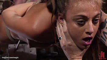 Hogtied hairy pussy babe machine fucked