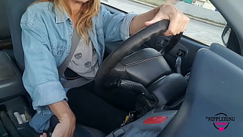 nippleringlover sexy mom flashing small boobs with chained pierced nipples while driving the car