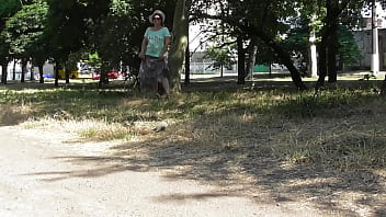 Hairy mature in transparent dress flashing