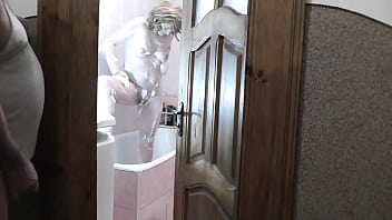 Step daughter accepts shower, step dad spy, masturbates cock and cum under door bathroom. step Daddy