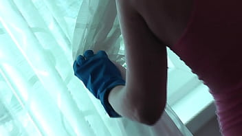 Naked cleaning. Family nudism. Sexy Frina cleans apartment, naked stepdad without panties walks into room