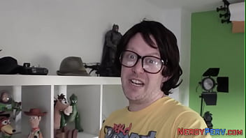 Busty amateur sucking nerd