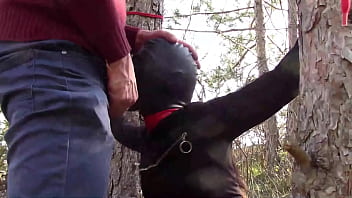 Outdoor sex in the wood. Wearing sexy clothes and high heels, bound, throated and fucked