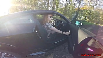 British mature Red fingers her cunt in the car again