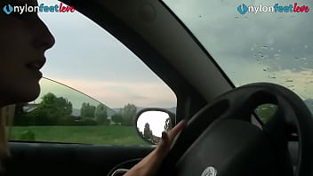 Redhead in stockings shows feet then takes you on a ride