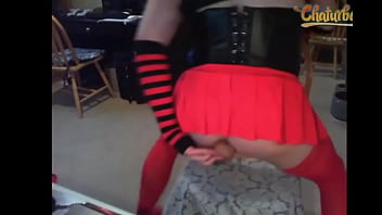 Sissy Robyn in Chastity rides dildo and vibrates