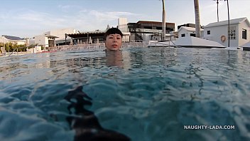 My transparent when wet one piece swimwear in public pool