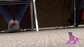 Wife candid library shoeplay. Nude nylons and blue jean flats