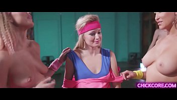 Gorgeous lesbian babes do their workout session and turns into a hot lesbian gym orgy.