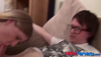 Busty UK hottie sensually sucking nerds swollen cock