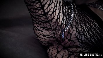 Skinny milf with nipple clips and mesh stockings