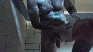 Tattd up White guy taking a shower and stroking his bwc