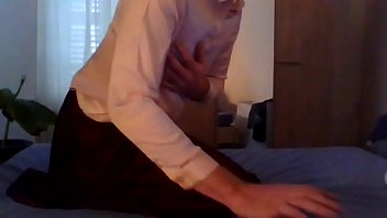 Cute crossdresser in silk back home for some fun