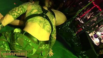 Blonde slave and dwarf master fucking on stage