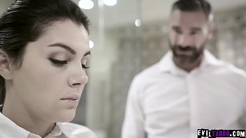Poor European housemaid Valentina Nappi ordered to wipe a cock clean with her mouth!