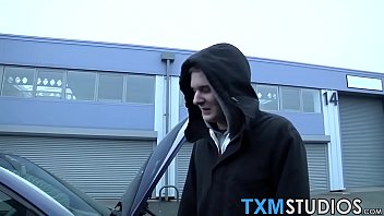 Young gay spitroasted in threeway after picked up by car