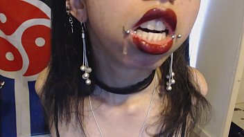 Goth with Red Lipstick Drools a Whole Lot and Blows Spit Bubbles at You - Spit and Saliva and Lipstick Fetish