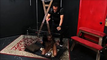 Caged ebony slave Harmonys candle wax punishment and black bdsm of dark bondage