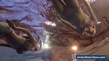 Horny girls strip eachother in the pool