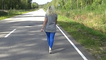 Flashing on the street in blue pantyhose