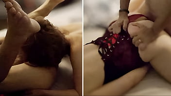 1694 - White Slut in Red and Black Corset, Red Satin Panties Blowjob, Rimming, Anal Sex, Doggystyle Fucking