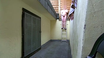 Porn Cinema Day 1 full shaved: Showering, naked on terrace, cruising, meeting stranger naked on stairs. Exhibitionist Tobi00815 (036)