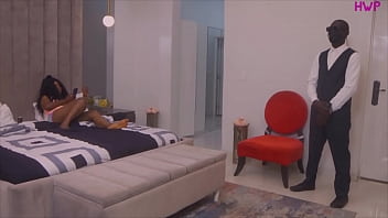 Big boobs Nigerian house wife couldn'_t resist her sexual urge so she fucks her wet pussy with her big dildo while her personal bodyguard tries so hard not to look, but at the end she succeed in making him fuck her with his huge black cock PART 1