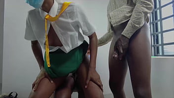 Two black hard cock teachers take turns as they fuck a bad girl making her tiny legs to shake at the end