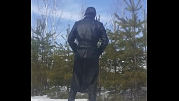 Leather guy jerking in the forest