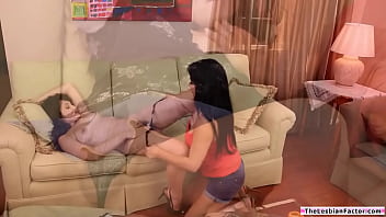 Busty lesbian masturbates and licks gf