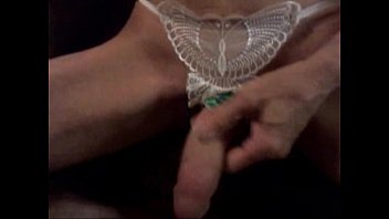 Stroking my shaved Cock in crotchless panties w/Irish hair tie turned Cock Ring