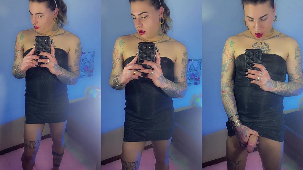 trans girl emma ink shows off in the mirror in high heels and a short dress. without panties his big dick was loose
