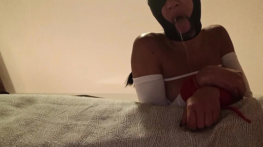 bound and hooded in a bed i have my mouth fucked. ring gag, lot of spit and huge oral creampie